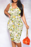 Green Yellow Casual Print Patchwork U Neck Wrapped Skirt Dresses