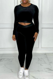 Black Casual Solid Color O Neck Long Sleeve Two Pieces