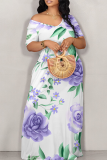 White Casual Print Off Shoulder Long Dresses