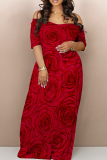 Red Casual Print Off Shoulder Long Dresses