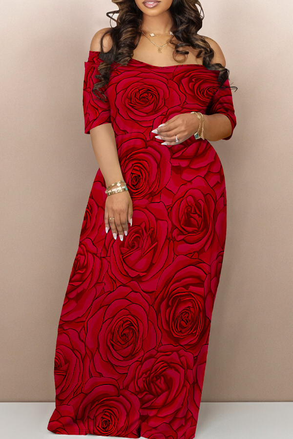 Red Casual Print Off Shoulder Long Dresses