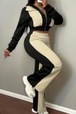 Black Casual Zipper Contrast Hooded Long Sleeve Two Pieces