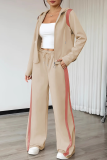Pink Casual Contrast Hooded Long Sleeve Two Pieces