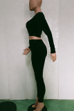 Black Casual Solid Color O Neck Long Sleeve Two Pieces