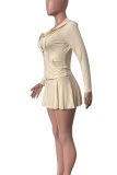 Apricot Casual Solid Color Zipper Pleated Hooded Long Sleeve Two Pieces
