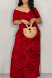 Red Casual Print Off Shoulder Long Dresses