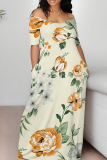 Yellow Casual Print Off Shoulder Long Dresses