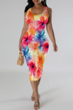 Colour Casual Print Patchwork U Neck Wrapped Skirt Dresses
