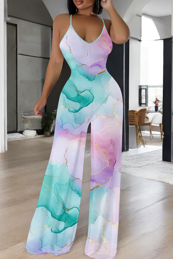 Colour Sexy Print Backless Spaghetti Strap Bodycon Jumpsuits