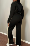 Black Casual Zipper Contrast Hooded Long Sleeve Two Pieces