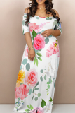 White Casual Print Patchwork Off Shoulder Long Dresses