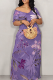 Purple Casual Print Off Shoulder Long Dresses