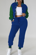 Blue Casual Stripe Contrast O Neck Long Sleeve Two Pieces