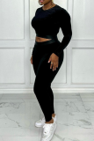 Black Casual Solid Color O Neck Long Sleeve Two Pieces