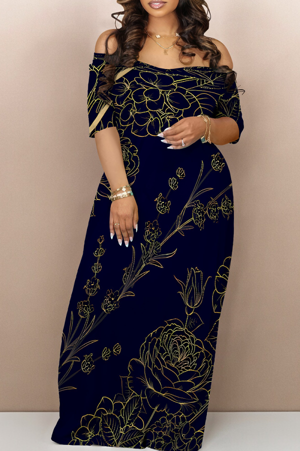 Black Casual Print Patchwork Off Shoulder Long Dresses
