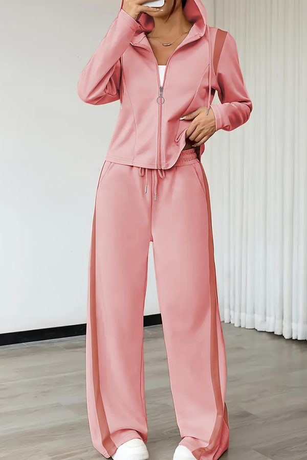 Pink Casual Contrast Hooded Long Sleeve Two Pieces