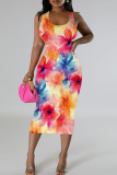 Colour Casual Print Patchwork U Neck Wrapped Skirt Dresses