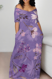Purple Casual Print Off Shoulder Long Dresses