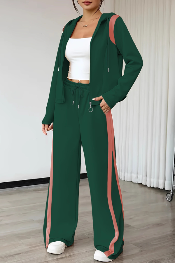 Ink Green Casual Contrast Hooded Long Sleeve Two Pieces