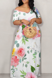 White Casual Print Patchwork Off Shoulder Long Dresses