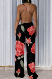 Black Sexy Print Backless Spaghetti Strap Bodycon Jumpsuits