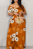 Orange Casual Print Patchwork Off Shoulder Long Dresses
