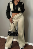 Black Casual Zipper Contrast Hooded Long Sleeve Two Pieces