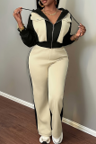 Black Casual Zipper Contrast Hooded Long Sleeve Two Pieces