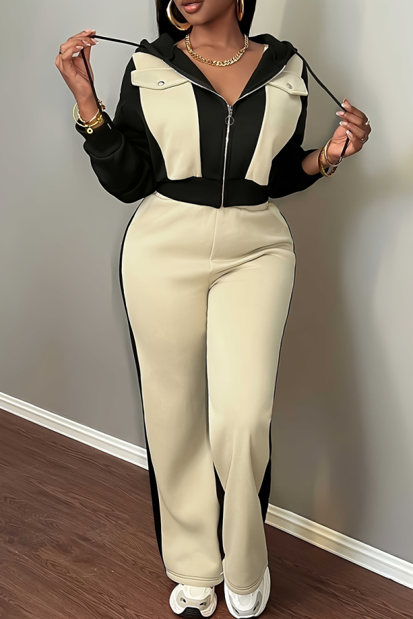 Black Casual Zipper Contrast Hooded Long Sleeve Two Pieces