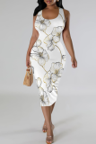 White Casual Print U Neck Wrapped Skirt Dresses