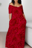Red Casual Print Off Shoulder Long Dresses