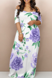 White Casual Print Off Shoulder Long Dresses
