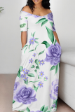 White Casual Print Off Shoulder Long Dresses