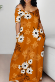Orange Casual Print Patchwork Off Shoulder Long Dresses