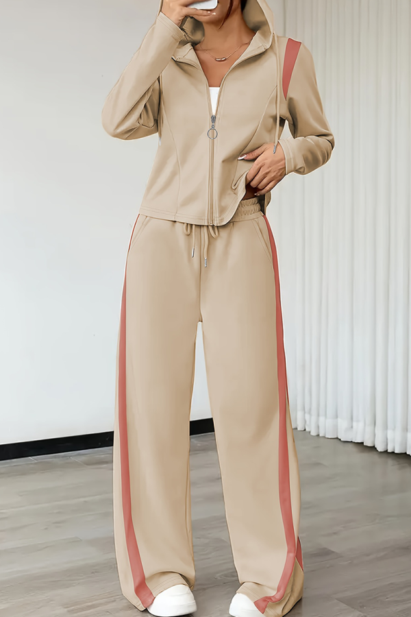Apricot Casual Contrast Hooded Long Sleeve Two Pieces