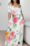 White Casual Print Patchwork Off Shoulder Long Dresses