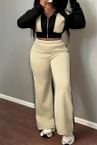 Black Casual Zipper Contrast Hooded Long Sleeve Two Pieces