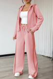 Pink Casual Contrast Hooded Long Sleeve Two Pieces