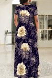 Navy Blue Casual Print Patchwork O Neck Printed Dresses