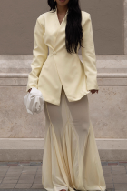 Apricot Elegant Solid Color Mesh V Neck Long Sleeve Two Pieces