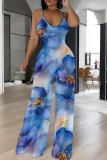 Blue Casual Print Backless Spaghetti Strap Loose Jumpsuits