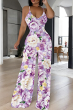 Purple And White Casual Print Backless Spaghetti Strap Loose Jumpsuits