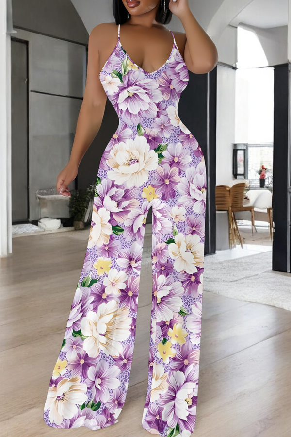 Purple And White Casual Print Backless Spaghetti Strap Loose Jumpsuits