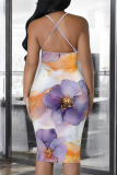 Purple Sexy Print Patchwork Spaghetti Strap Wrapped Skirt Dresses