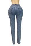 Black Casual Solid Color Ripped Hot Drill Mid Waist Skinny Denim Jeans