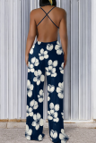 Black And White Casual Print Backless Spaghetti Strap Loose Jumpsuits