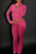 Rose Red Casual Solid Color Zipper Zipper Collar Long Sleeve Two Pieces