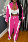 Rose Red Casual Stripe Contrast Zipper Collar Long Sleeve Two Pieces