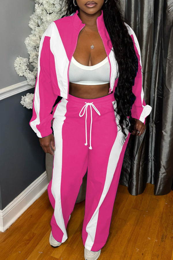 Rose Red Casual Stripe Contrast Zipper Collar Long Sleeve Two Pieces