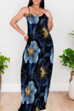 Blue Black Sexy Print Spaghetti Strap Long Dresses